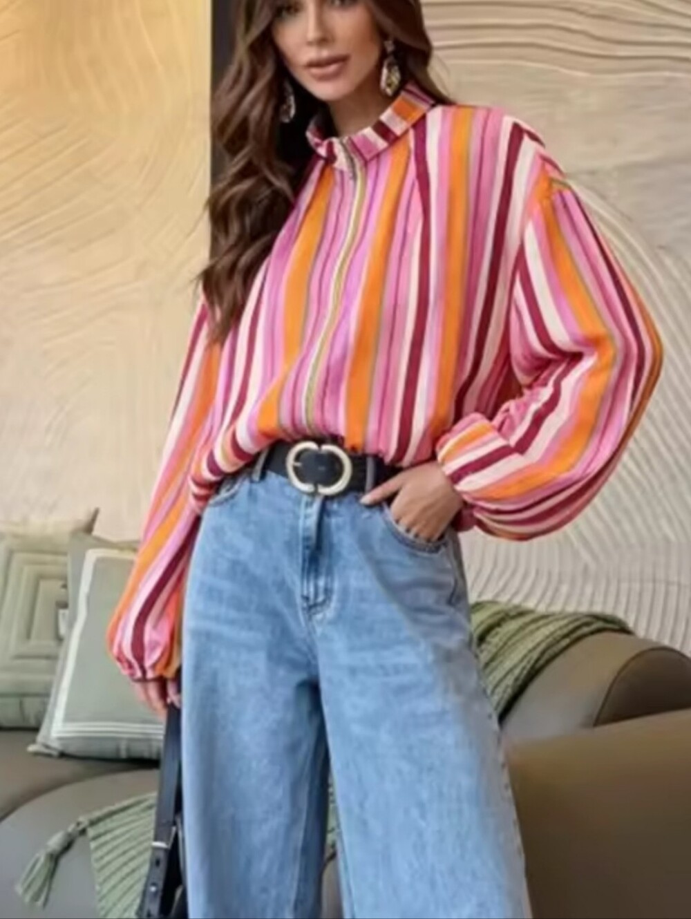 Women's Pink Multi-Stripe High-Neck Balloon Sleeve Top - Picture 5 of 7